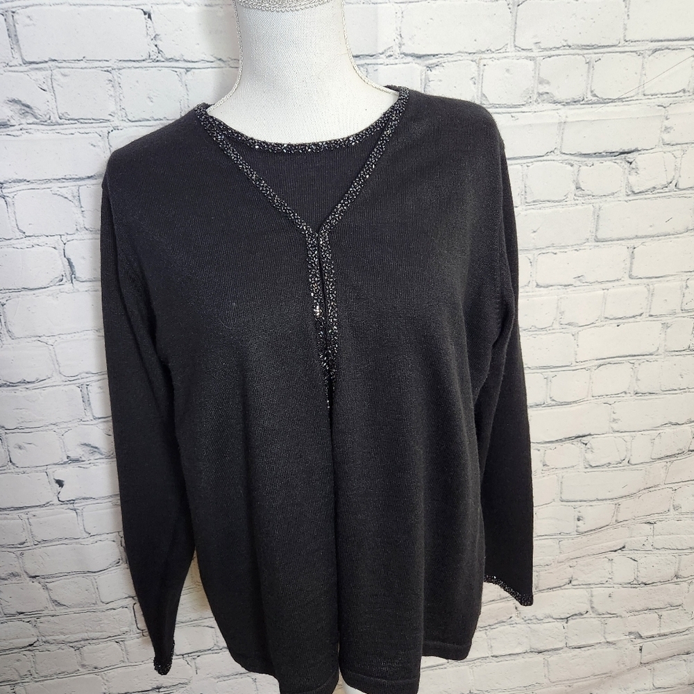 Victoria Jones Women’s  Vintage Black Sweater with Beaded Trim Size Medium